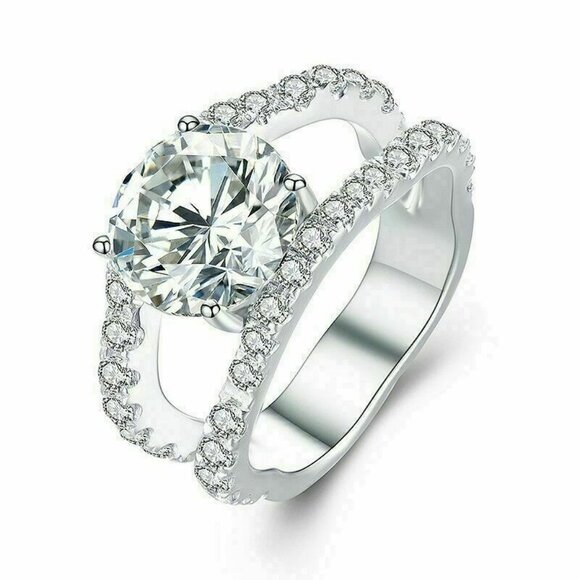 Lovely Unique Flower Shape CZ Double Layer Silver Romantic Women Rings, K928